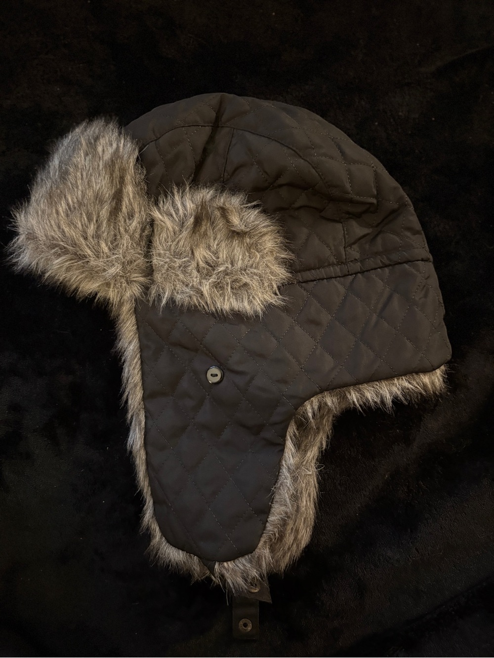 Black/Gray Quilted Trapper Hat One Size Faux Fur Trim Ear Flaps Lined